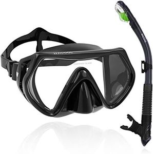 WACOOL Snorkeling Package Set for Adults, Anti-Fog Coated Glass Diving Mask, Snorkel with Silicon Mouth Piece,Purge Valve and Anti-Splash Guard.(Black)