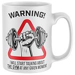 Purple Print House Warning Will Talk About The Gym Mug, Funny Coffee Cup, Fitness Gifts for Him, Gymwear Workout Birthday Present Ideas for Dad or Son, One Size, White