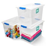 KLASS 75L Storage Boxes With Lids, Set of 3 Clear Clip-Lock Plastic Storage Box With Lid, Multipurpose Large Storage Box with Lid, Stackable Storage Boxes, Sturdy Storage Containers For Home, Office