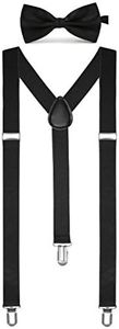 Boolavard Solid Color Mens Suspender Bow Tie Set Clip On Y Shape Adjustable Braces (Black)