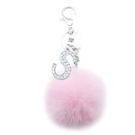 Xsclpomddy Silver Alphabet Keychain Artificial Fur Pink Pom Pom Rhinestone Crystal Letter Key Rings for Women Girls,pink S