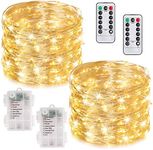 MUMUXI Remote Control Fairy Lights Battery Operated String Lights with Timer [Set of 2], 33ft 100 LED Twinkle Lights with Remote | Outdoor Fairy Lights Waterproof Silver Wire Firefly, Warm White