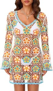 FAIRY SEASON Womens Crochet Beach Bikini Cover Up Dress Hawaiian 3D Hibiscus Vacation Outfit Boho Bell Sleeve Swim Coverup