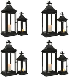 JHY DESIGN 13''&19.5''Tall Outdoor Candle Lanterns 4 Sets Vintage Hanging Tower Lantern Metal Candle Holder for Garden Living Room Indoor Outdoor Parties Weddings Balcony(Black)