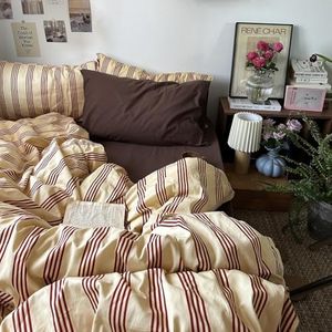 mixinni Retro Striped Duvet Cover Set Full - 100% Natural Cotton 3-Piece Vintage Red Stripes Pattern Printed Bedding Set, Soft Breathable Comforter Cover with Zipper Closure & Corner Ties, Full Size