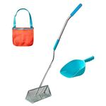 Sand Flea Rake - Commercial Grade Beach Rake for Sand, Shark Teeth Sifter with Heavy Duty 52" Ergonomic Handle - Large 16" Basket with Sharp Teeth - includes Bonus Mesh Bag and Sand Scoop