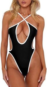 HYPERFIRE Women's Sexy Criss Cross Halter Bathing Suit Cut Out Backless Monokini Swimsuits One Piece, Black and White, X-Small