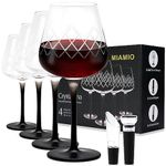 MIAMIO – 480 ml Red Wine Glasses, Set of 4 Large Wine Glasses Crystal Wine Glasses with Black Long Stem Wine Glasses + Wine Stopper & Aerator - Crystaluna Collection