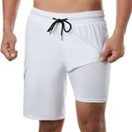 BRISIRA Mens Swim Shorts Swim Trunks 9 inch Bathing Suits Swimsuit Board Compression Liner Quick Dry White