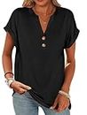 ANRABESS Womens Short Sleeve Henley Tops V Neck Dressy Casual Blouses Summer Trendy Tee Shirts 2026 Vacation Fashion Clothes Black M