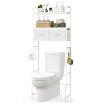 YBING Over The Toilet Storage, Over Toilet Bathroom Organizer with Drawer, Above Toilet Stand with Roll Holder and Hooks, Over Toilet Storage Shelf Cabinet, Wooden, White