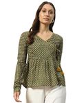 FIORRA Women's Green Cotton Top with Lace Detail and Printed Pattern TOP011