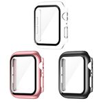 3 Pack Case with Tempered Glass Screen Protector for Apple Watch 38mm Series 3/2/1, Slim Guard Bumper Full Coverage HD Ultra-Thin Cover Compatible with iWatch (38mm, Black/Clear/Rosepink)