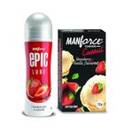 Manforce Cocktail Strawberry & Vanilla Flavoured Condoms for Men - 10 Count With Manforce Epic Strawberry Flavoured Lube, 60ml