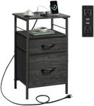 WLIVE Side Table with Charging Station, Night Stand with Fabric Drawers, USB Ports and Outlets, End Tables Bedroom, Small Spaces, Charcoal Black