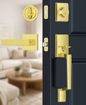 Brightify Gold Front Door Lock Set with Single Cylinder Deadbolt, Modern Exterior Door Handle Set with Reversible Lever, Adjustable Latch for Right/Left Handed Heavy Duty Entrance