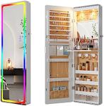 HNEBC LED Mirror Jewelry Cabinet with RGB Lights,47.2" Wall Mounted Jewelry Organizer with Full-Length Mirror,Over The Door Hanging Jewelry Armoire Storage Cabinet,Folding Dresser,2 Drawers,Lockable