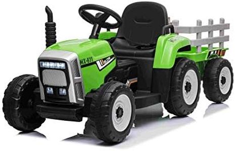 RIRICAR Tracteur électrique Workers avec remorque, Vert, Traction arrière, Batterie 12V, Roues Plastique, Large siège, télécommande 2,4 GHz, Lecteur MP3 avec entrée USB + Bluetooth, lumières LED