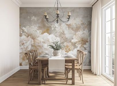 ASJ Large Peel and Stick Wall Mural, Moody Neutral Earth Tone Peony and White Flower Wallpaper, Straight Match Removable Self-Adhesive Textured Wall Art for Nursery, Bedroom (177"x102")