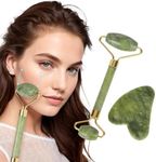 Jade Roller & Gua Sha Facial Tool, 100% Natural Facial Stone Face Roller, Face Massager for Skin Tightening, Neck Eye Treatment Anti-aging Rejuvenate Remove Wrinkles and Puffiness (Green)