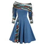 Mzkdieey Dresses for Women 2023 Off The Shoulder Drawstring Long Sleeve Western Ethnic Style Dress A-line Ruched Tunic Dress Blue