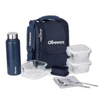 SOPL-OLIVEWARE Teso pro max Glassware Lunchbox with Steel Cutlery,Borosilicate Glass, Microwave & Freezer Safe, Set of 3 (320ml) Each, Plastic Pickle Box (130ml),Steel Water Bottle(750ml) - Blue