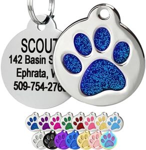 GoTags Paw Print Round Stainless Steel Pet Tag for Dogs and Cats, Personalized with 4 Lines of Custom Engraved ID Name and Number, in Stainless Steel and 15 Colors Small and Large, Glitter Blue