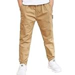 VernLan Boys Kids Cotton Casual Loose Fit Jogger Pants Elastic Waist Pull On Solid Color Cargo Pants with Multi-Pockets Khaki 7-8 Years