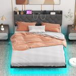 Giantex Floating Bed Frame Queen Size with LED Lights, Modern Platform Bed with Adjustable Upholstered Headboard & Charging Station, Mattress Foundation No Box Spring Needed, Queen Led Bed Frame, Grey