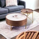 Marco Furniture 1 Piece Moon Coffee Table Walnut Veneer Wood - Round Coffee Table for Living Room, Modern Lift Top Nordic White Sintered Stone Smart Coffee Table Size : L80 X W80 X H41 cm (White)