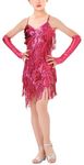 Happy Cherry Girl's Sequin Tassel Dress Latin Dance Skirt Modern Ballroom Halter Sleeveless Sparkling Perform Costume Rose Red