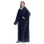 Boikey Oversized Hoodie Velvet Blanket Jumper Sweatshirt,Extra Long Hooded Blanket with Sleeves Hoodie Wearable,Throw with Pockets One Size for Adult Women and Men (Navy)