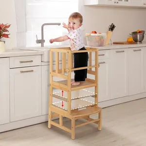 COSYLAND Kids Kitchen Step Stool, Height Adjustable Toddler Standing Tower Nursery Helper with CPC Certification, Removable Safety Railing Enjoys Exclusive Patent, Natural Bamboo