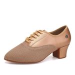 RUYBOZRY Latin Practice Dance Shoes for Women Closed Toe Salsa Ballroom Standard Tango Dancing Shoes,RY-JTWX-Suede Sole-2" Heel,Tan,US 7.5