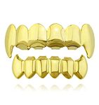 Psivika Gold Plated Shiny Hip Hop Teeth Grillz Caps Iced Out CZ Top and Bottom Vampire Fangs Grillz for Men and Women, M, Brass, rhinestone