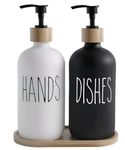 Beautiful Kitchen Hand and Dish Soap Dispenser Set with Wooden Base | Dispenses Dishsoap and Hand Wash Liquid | Black Fortified Glass Bottles with Pump | Refillable | Stylish Black White