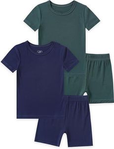 JunNeng Bamboo Viscose Toddler Pajamas,Baby Boy Girl Solid Snug Fit Short Sleeve Summer Sleepwear PJS,Dark Green+Dark Blue 6-7 Years