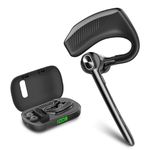 Wireless Headset Bluetooth Earpiece with Dual Noise Canceling Microphone Hands Free Headphones Single Ear Earphone Over Ear Earbud for iPhone Samsung Android Cellphones TV PC Trucker Game Work
