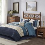 Madison Park - MP10-3450 Serene Comforter Reversible Solid Faux Silk Floral Flower Embroidered Pleated Stripes Patchwork Soft Down Alternative Hypoallergenic All Season Bedding-Set, King, Navy