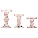 Lewondr Glass Candle Holders, 3 Pieces Crystal Clear Candlesticks with Elegant Design for Pillar Taper Candle and Tea Light, Home Table Living Room Wedding Party Decorations Home Décor - Pink