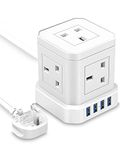 tuare Cube Extension Lead with 4 USB Slots, Extension Cable 2M with 5 AC Ports, Extension Cord Surge Protected 13A 3250W, Multi 9-in-1 Power Extension Cube for PC/Phone/Laptop/Speaker/TV, White