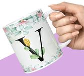 NH10 DESIGNS Colorful Floral Alphabet Letter V Printed Coffee Mug for Girls Boys Friends Love Kids Best Gift for Birthday Anniversary Initial Letter V, 350 Millilitre,Ceramic