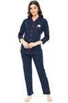 ZEYO Women's Cotton Strip Printed Navy Blue Night Suit Set Of Pajama Set 5273, Small