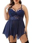 Avidlove Babydoll Lingerie for Women Plus Size Honeymoon Nightwear Sexy Mesh Lace Nightgown Navy Blue