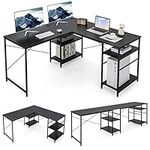 COSTWAY L-Shaped Computer Desk, 242cm Reversible Double Study Writing Workstation for 2 Person, Large Long Corner Home Office Desk Wooden PC Laptop Gaming Table with Storage Shelves (Black)