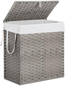 Laundry Basket with Lid - 23.6'' Tall 110lL Woven Rattan Laundry Hamper, Foldable Organizer with Metal Tube Frame & Removable Cotton Liner, Slim Collapsible Clothes Basket for Baby Laundry (Gray)