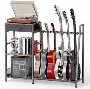 JIRTEMOT Guitar & Record Stand for 6 Guitars, 3-Tier Adjustable Floor Rack with Soft Pads and Cloth Drawer, Display Storage for Acoustic Electric Bass, Amp, Vinyl Albums
