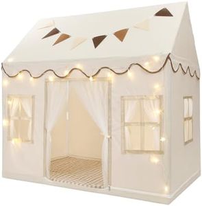 BOLERLE Kids Play Tent, Toddlers Large Playhouse with Mat, Star String, Flag, Machine Washable, Indoor and Outdoor Play Tent for Kids, Girls & Boy Aged 3+, 50" x 34" x 51", Cream