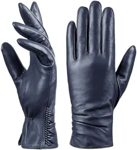 Womens Winter Leather Touchscreen Texting Warm Driving Lambskin Pure Genuine leather Gloves (Navy, S)