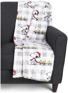 Berkshire Blanket & Home Co Peanuts Gang Couverture de Noël en velours doux (carreaux gris – portant un bonnet de Père Noël et 3 bois, jeté de lit 127 x 178 cm)